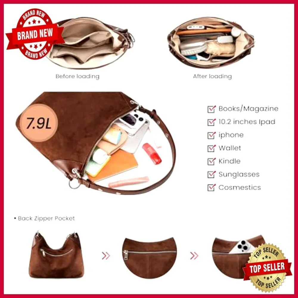 Genuine Leather Hobo Crossbody Bag with Adjustable Strap, Spacious